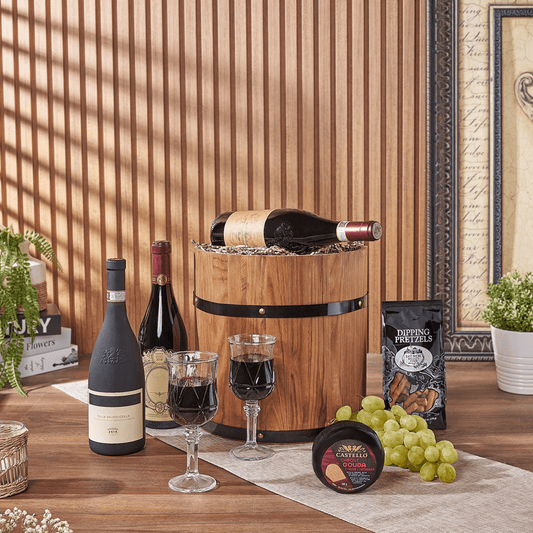 Lovely Wine Cheese Barrel - Premium Wines, wine gift, wine, fruit gift, fruit, cheese gift, cheese, Boston delivery