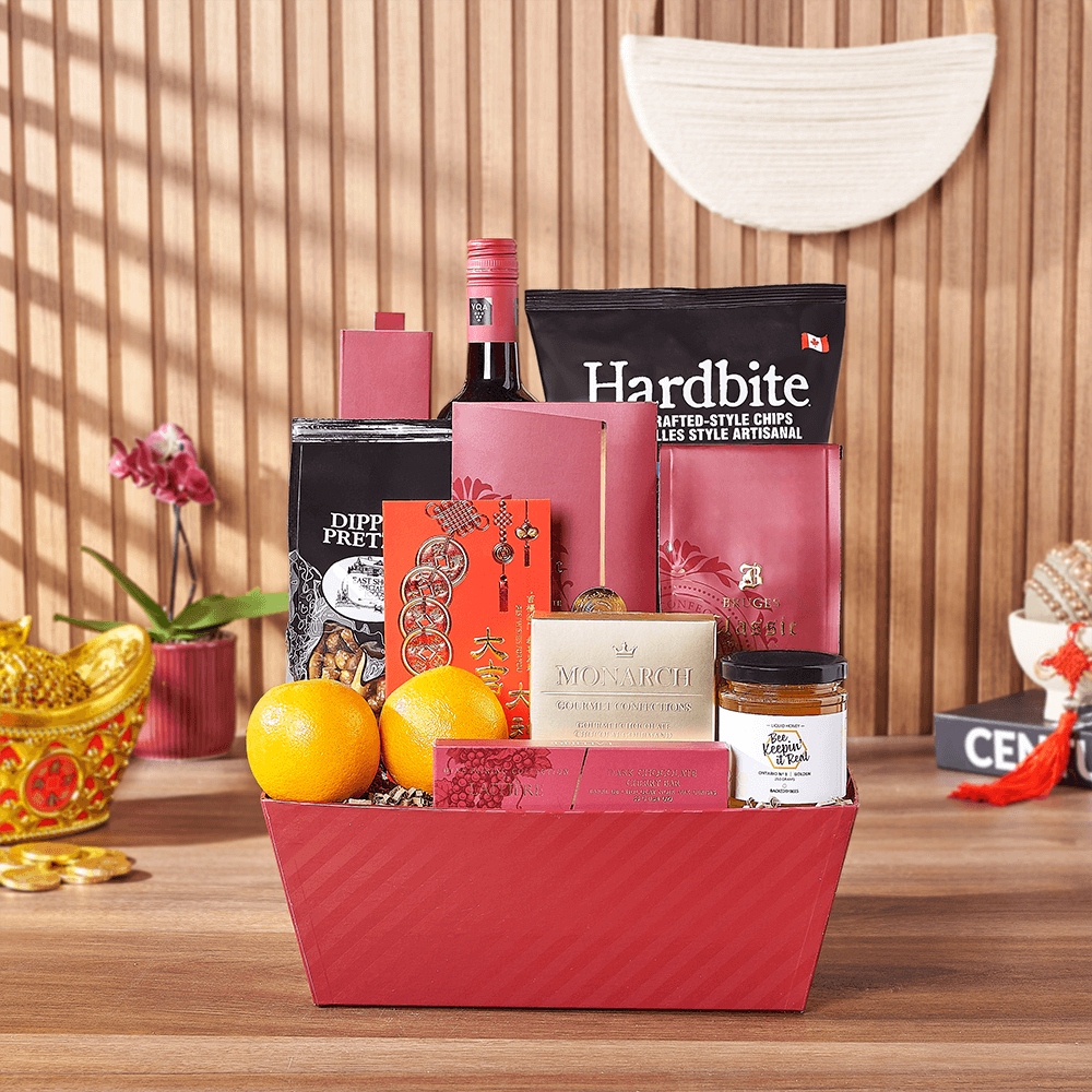 Deluxe Wine and Gourmet Chocolate Gift Basket in Red Tray – how the gift is presented