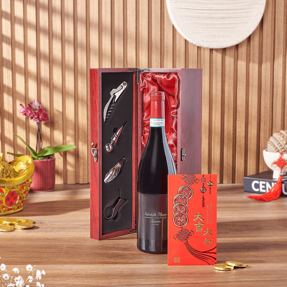 Lunar New Year Wine Gift in Mahogany Wooden Box with Chocolate Coins – how the gift is presented