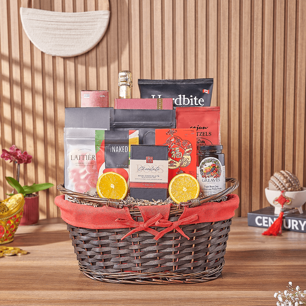 Chinese New Year Celebration Basket with Sparkling Wine and Sweet Treats – how the gift is presented