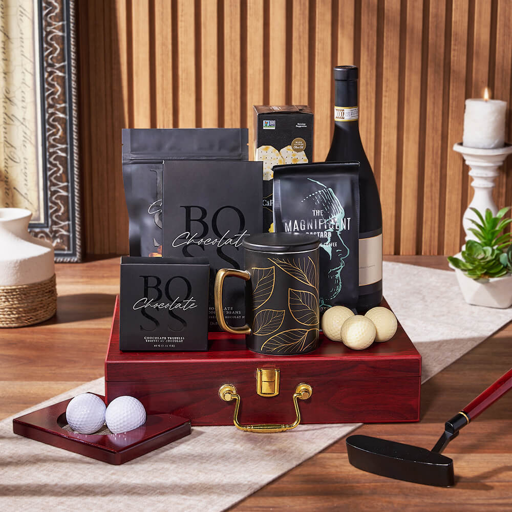 Luxe Putting & Wine Gift Set, wine gift, wine, coffee gift, coffee, chocolate gift, chocolate, golf gift, golf, putting gift, putting, Boston delivery