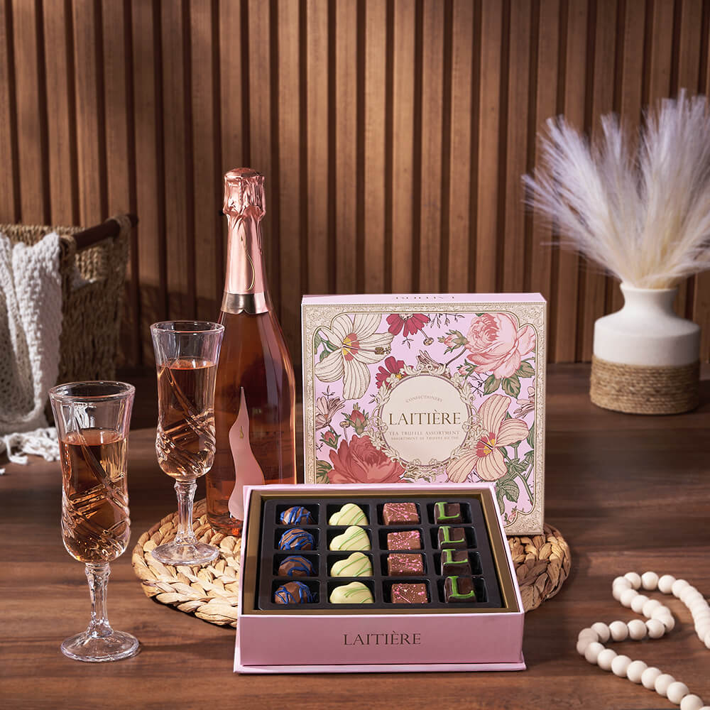 Premium Sparkling Wine and Chocolate Truffles Gift with Patterned Odessa Flutes – how the gift is presented