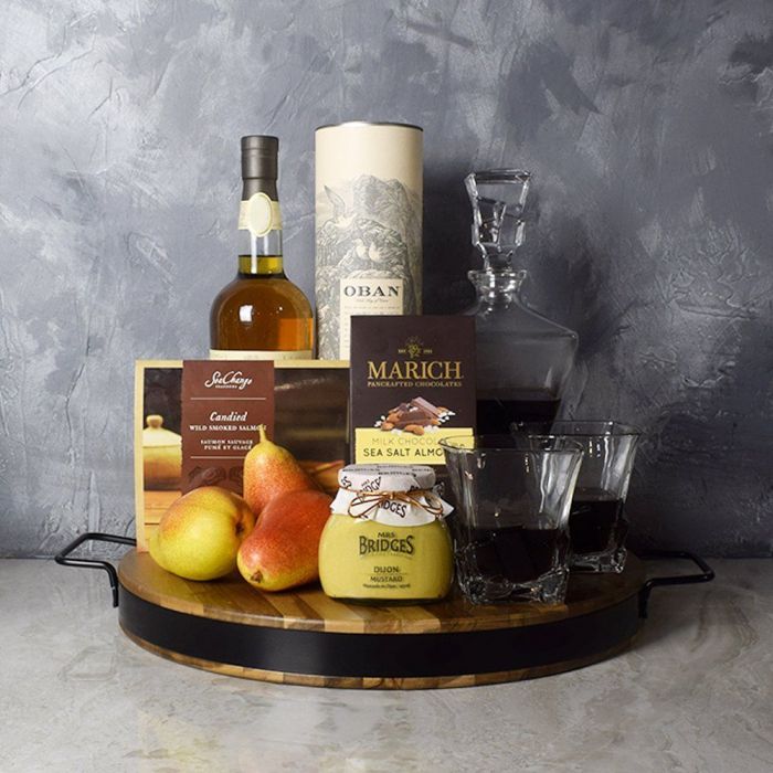 Handcrafted Liquor Gift Basket with Decanter Set and Gourmet Treats – how the gift is presented