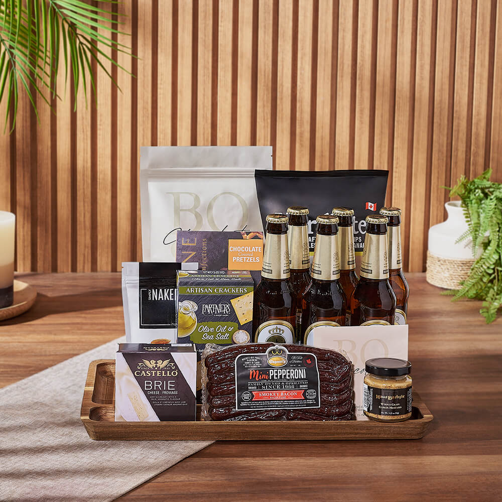 Classic Beer Gift Basket with Smoked Bacon Pepperettes and Artisan Treats – how the gift is presented