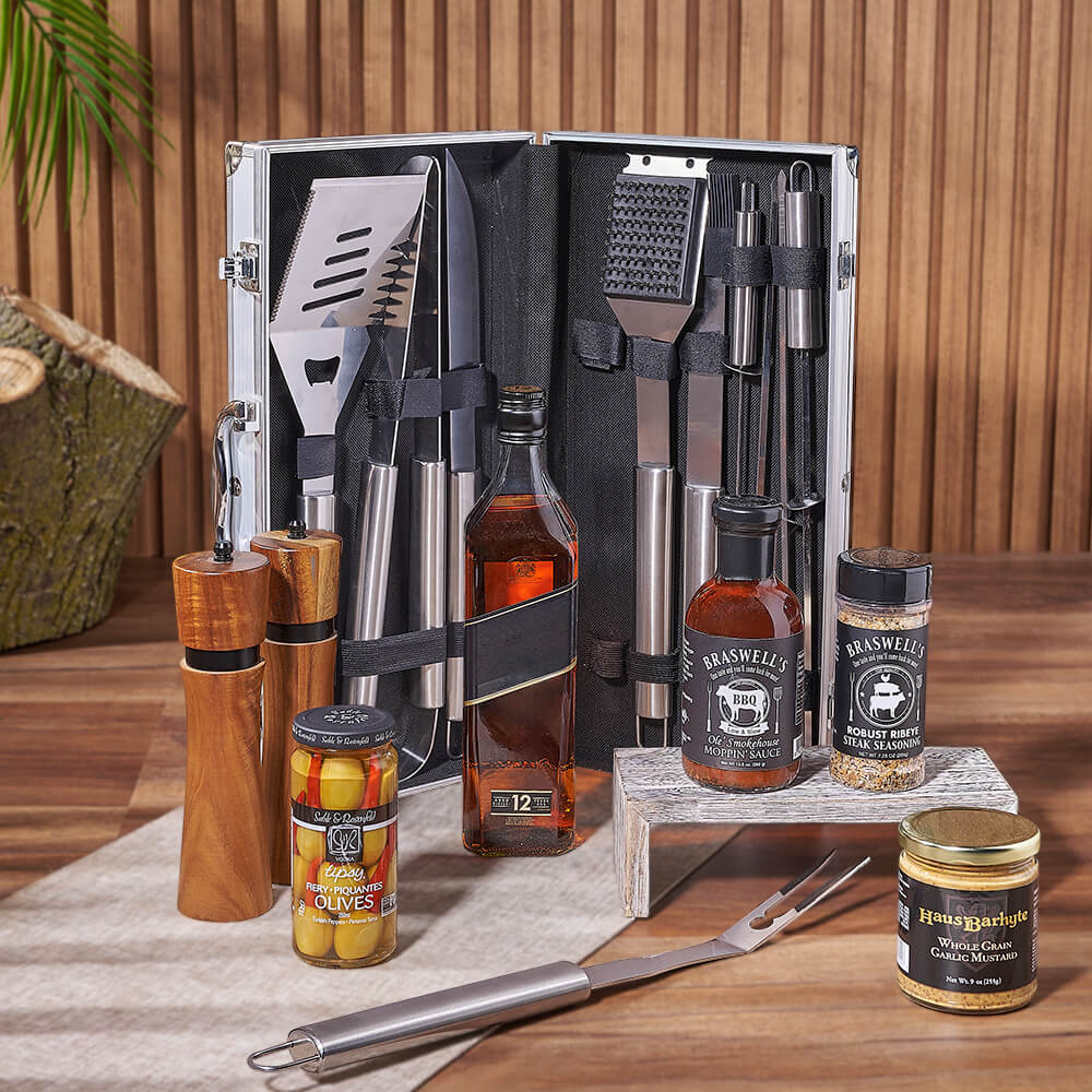 Gourmet Liquor Gift Set with Grilling Sauces and Seasonings – how the gift is presented