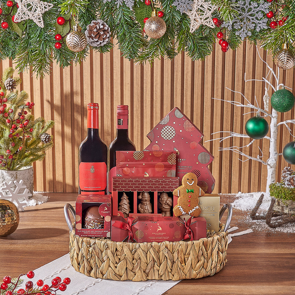 Christmas Wine Gift Basket with Truffles, Hot Chocolate, and Gingerbread – how the gift is presented