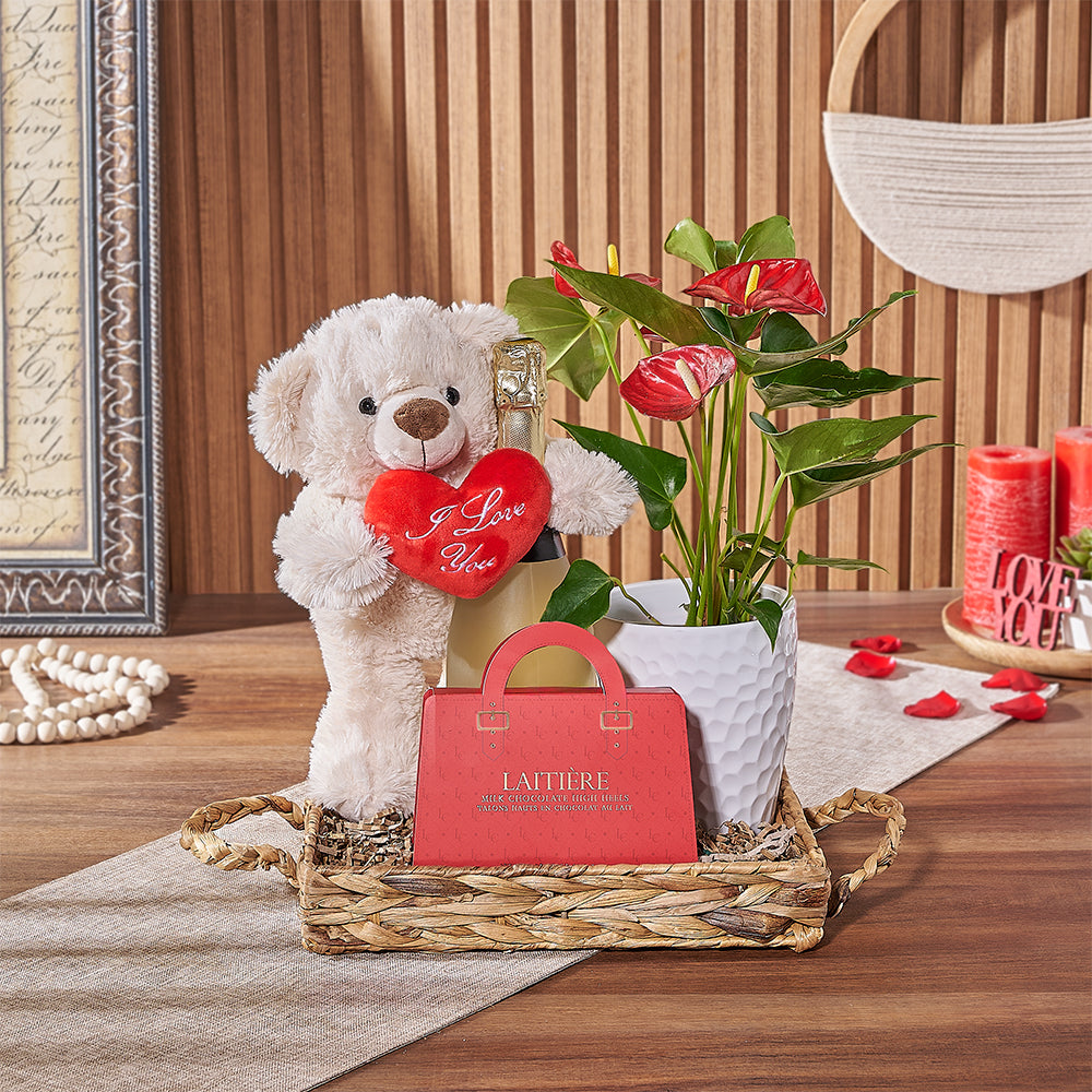 Valentine’s Day Woven Tray Gift with Sparkling Wine and Anthurium Plant – how the gift is presented