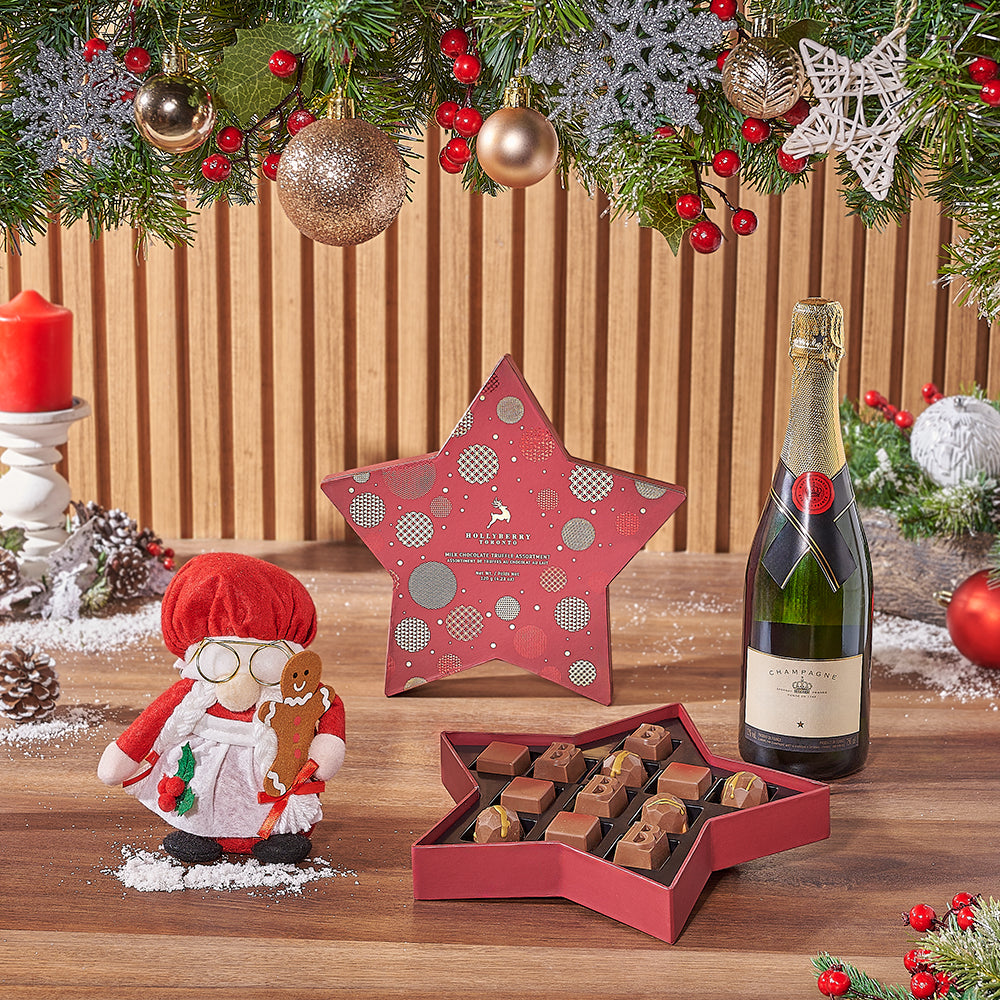 Mrs. Claus Holiday Gift: Sparkling Wine and Chocolate Truffles in Star Box – how the gift is presented