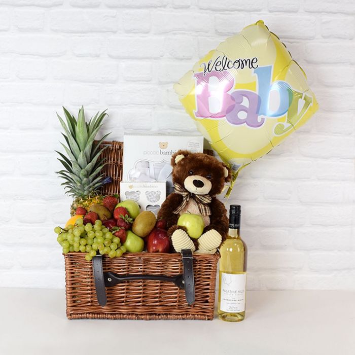 Brown Wicker Basket with Wine and Seasonal Fruits for Newborn Celebration – how the gift is presented