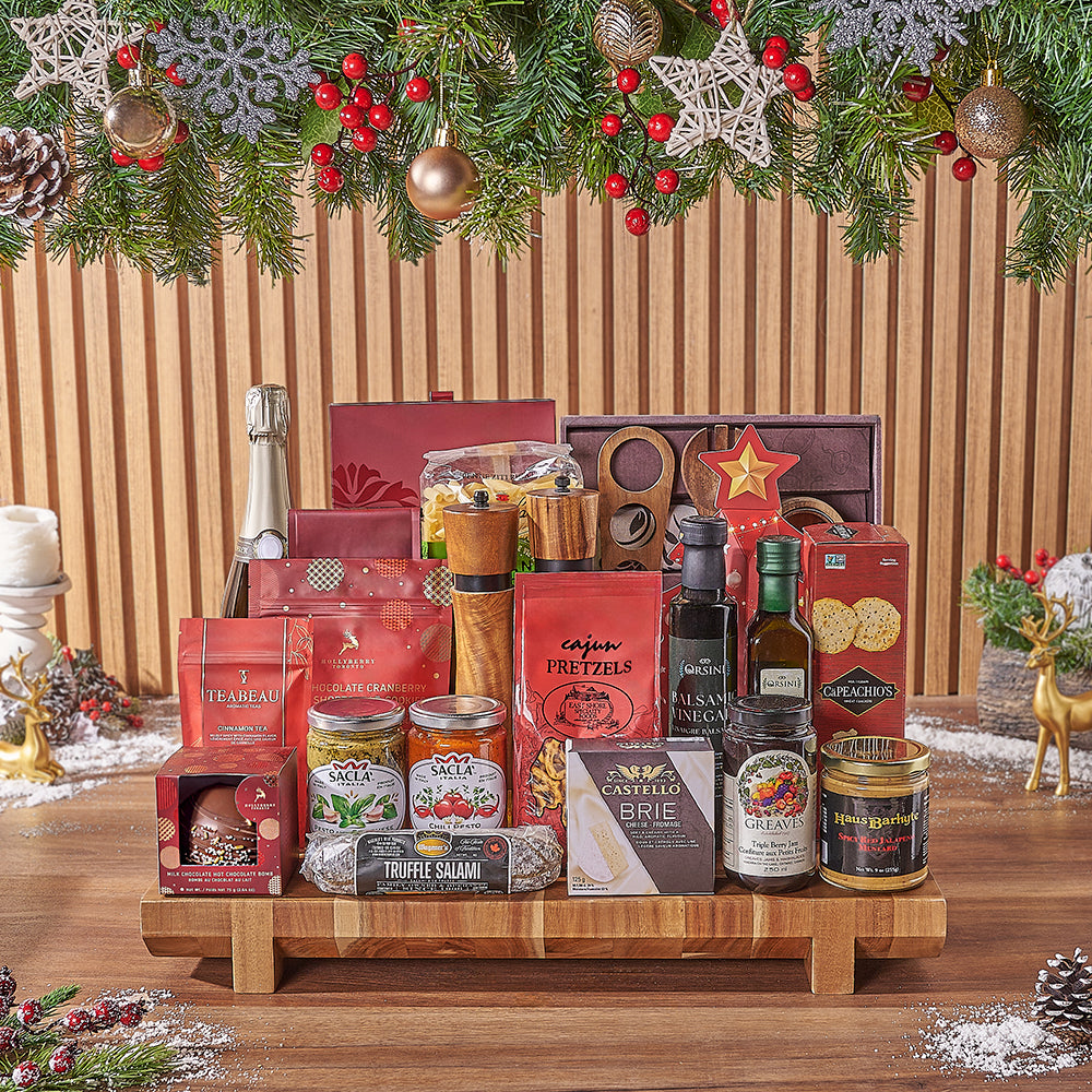 Holiday Sparkling Wine Gift Basket with Chocolates and Gourmet Foods – how the gift is presented