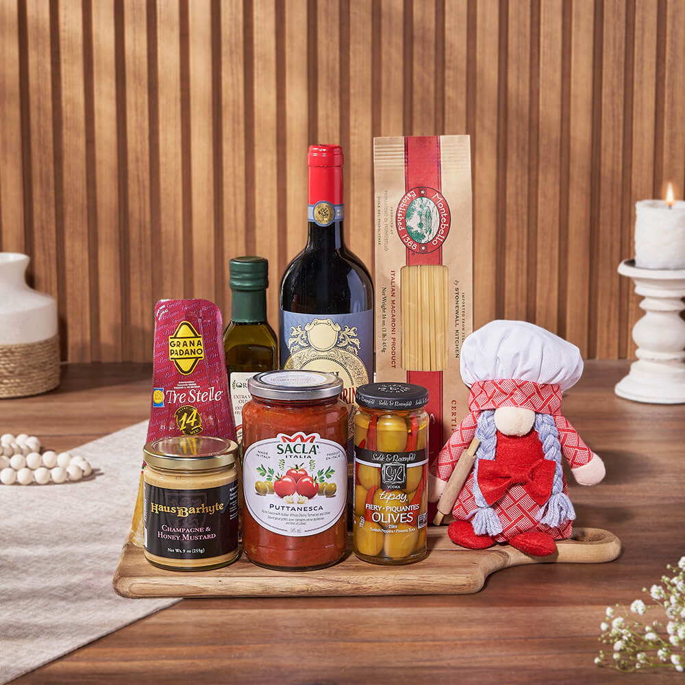 Italian Gourmet Pasta and Wine Basket with Plush Chef – how the gift is presented