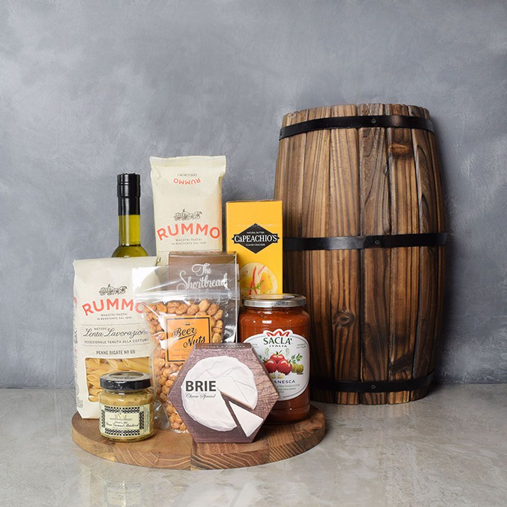 Brie Cheese and Puttanesca Pasta Gourmet Gift Basket with Cutting Board – how the gift is presented