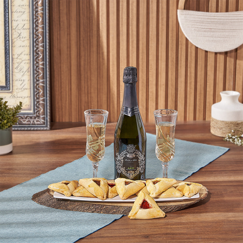 Purim Sparkling Wine Gift Set with Hamantaschen Cookies and Ceramic Platter – how the gift is presented