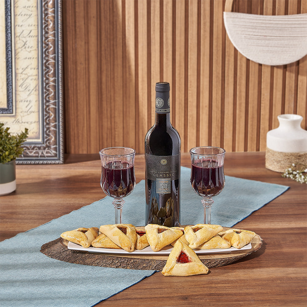 Purim Hamantaschen Cookies with Kosher Wine Gift Basket – how the gift is presented