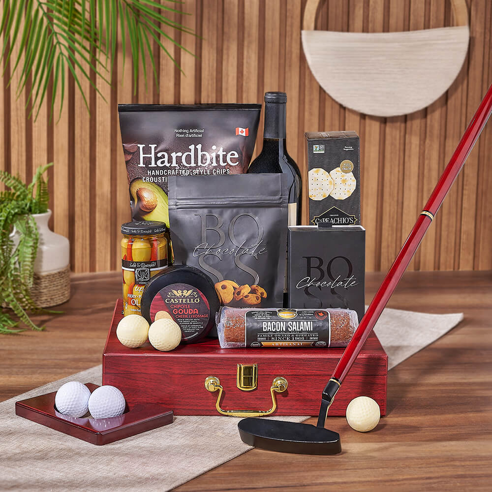Wine and Gourmet Snack Gift Set with Executive Putting Putter – how the gift is presented