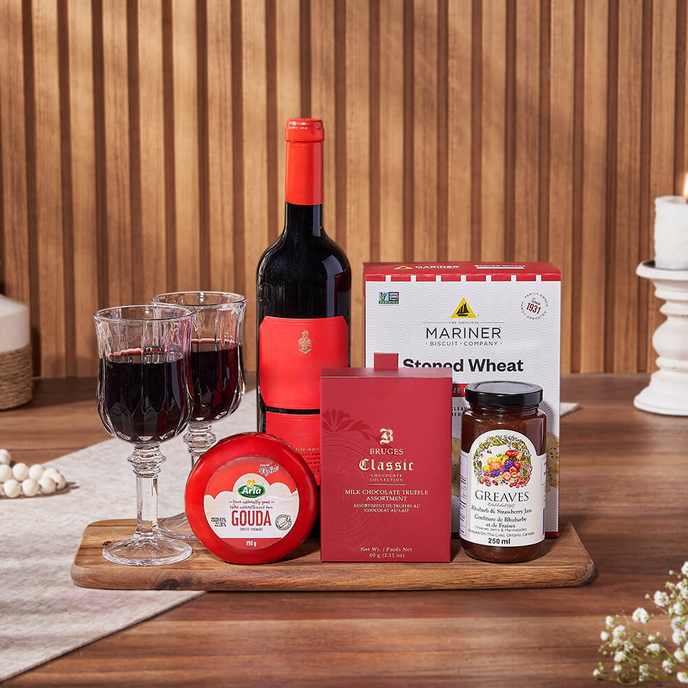 Wine Gift Basket Featuring Stoned Wheat Crackers and Milk Chocolate Truffles – how the gift is presented
