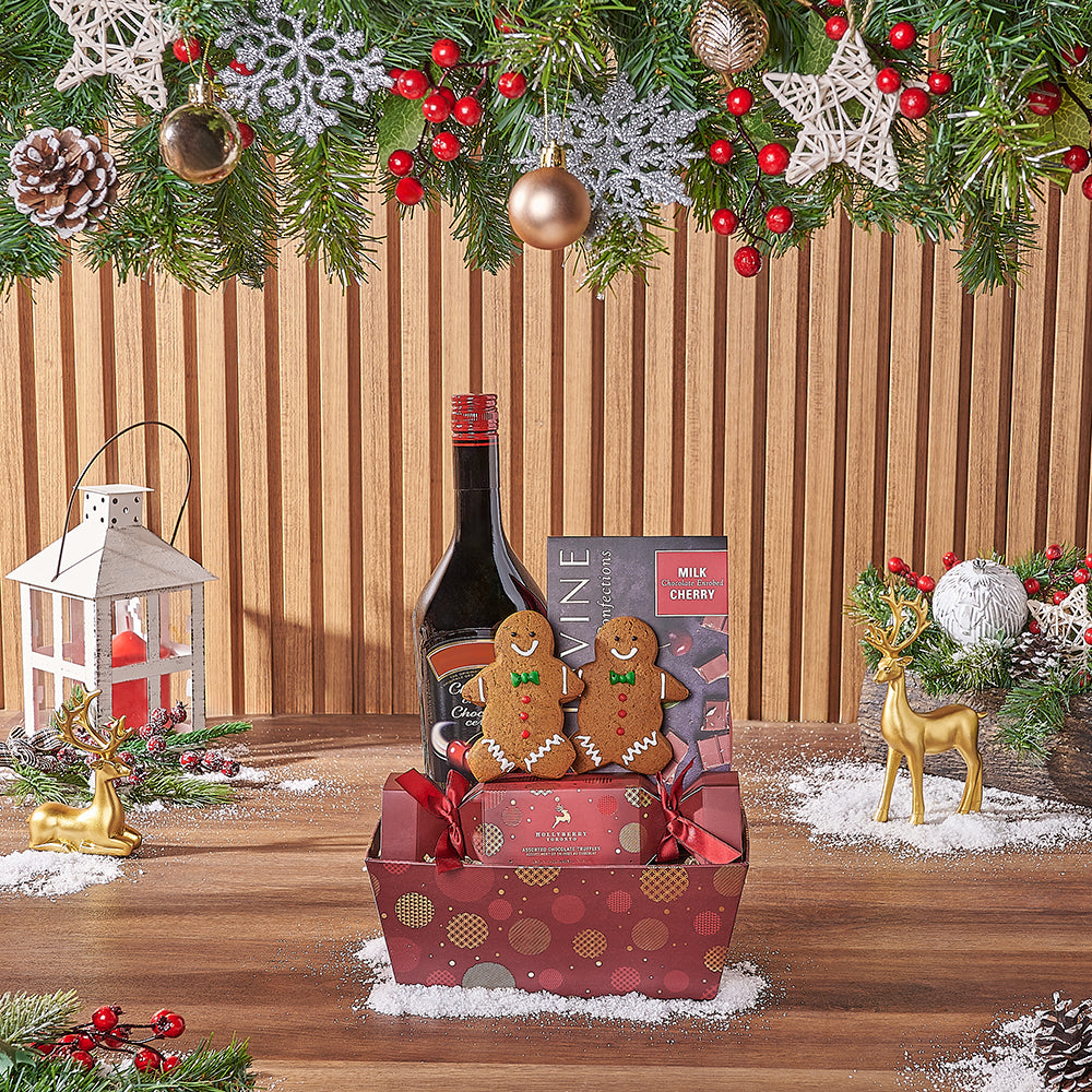 Festive Red Tray with Vodka and Assorted Chocolates – how the gift is presented