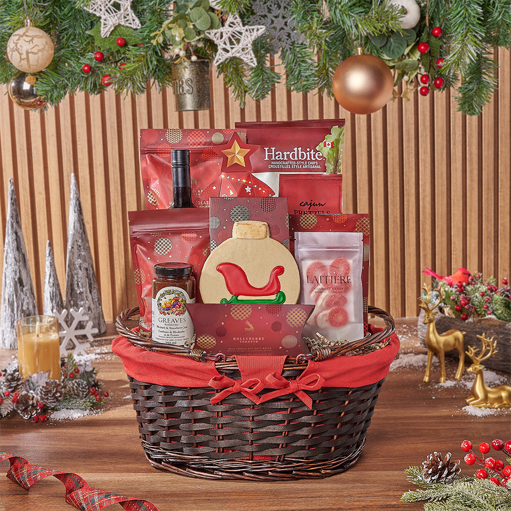 Holiday Wicker Wine and Treats Basket – how the gift is presented