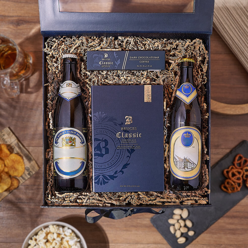 Rich Chocolate and Specialty Beer Blue Hinged Gift Box – how the gift is presented