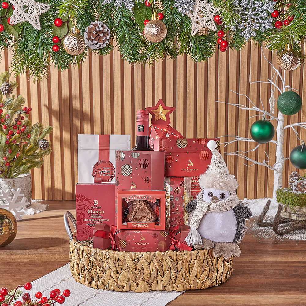 Seasonal Wine and Chocolate Gift Basket – how the gift is presented