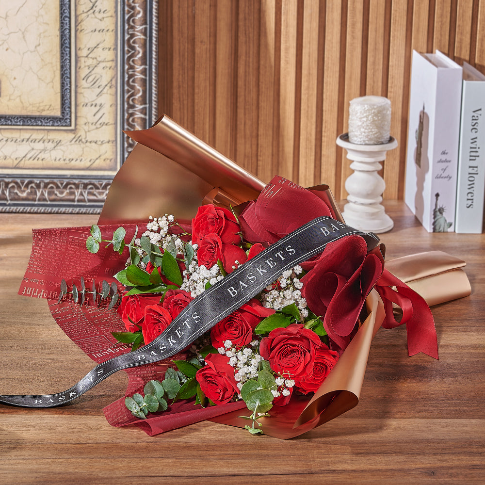 Hand-Tied Red Rose Bouquet with Baby's Breath and Eucalyptus – how the gift is presented