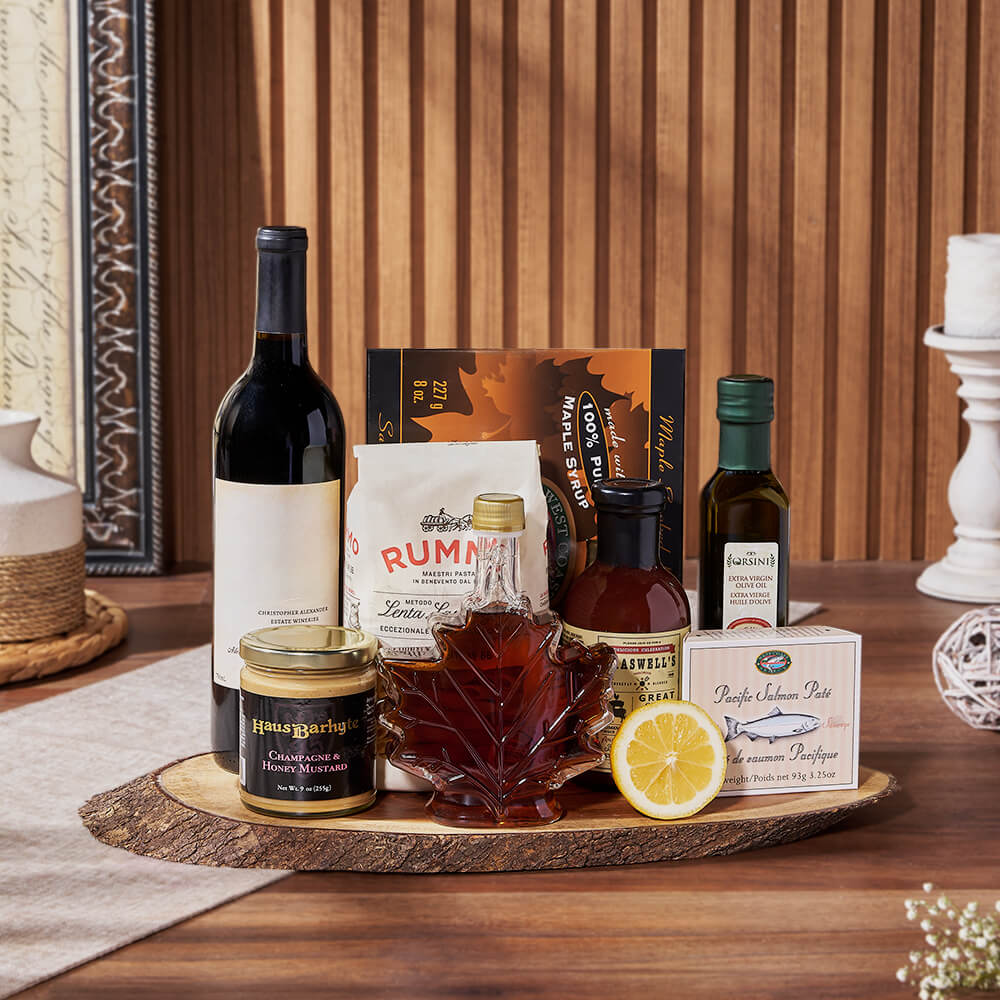 Premium Wine Gift Basket Featuring Dried Pasta and Salmon Pâté – how the gift is presented