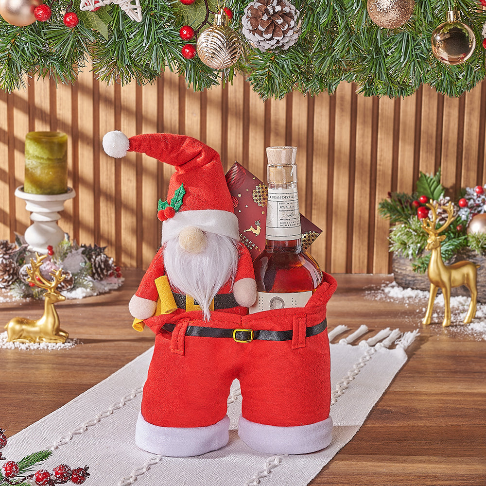 Santa Pants Holiday Gift Bag with Liquor and Hollyberry Dark Chocolate – how the gift is presented