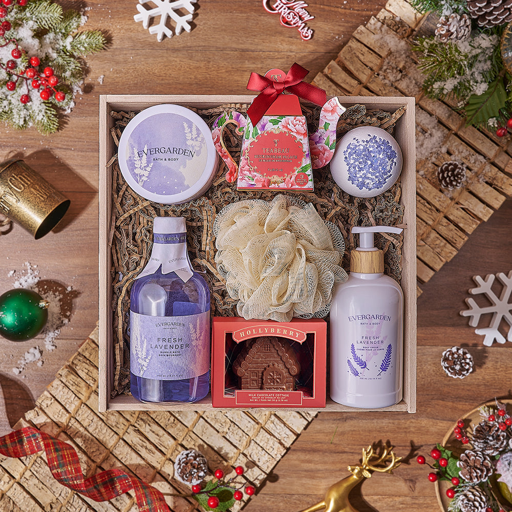 Lavender Holiday Gift Basket with Tea and Chocolate – how the gift is presented