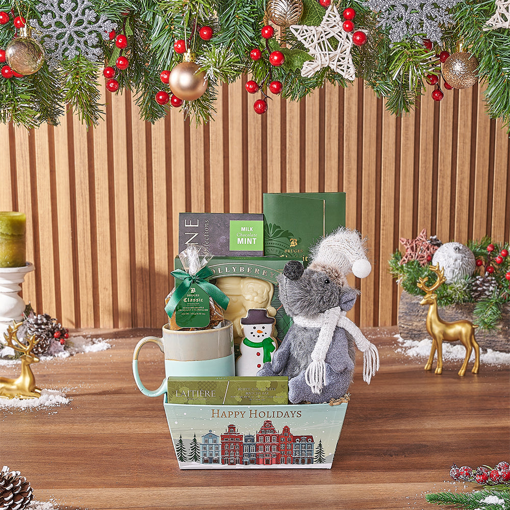 Elegant Holiday Gift Basket with Artisan Chocolates and Plush – how the gift is presented