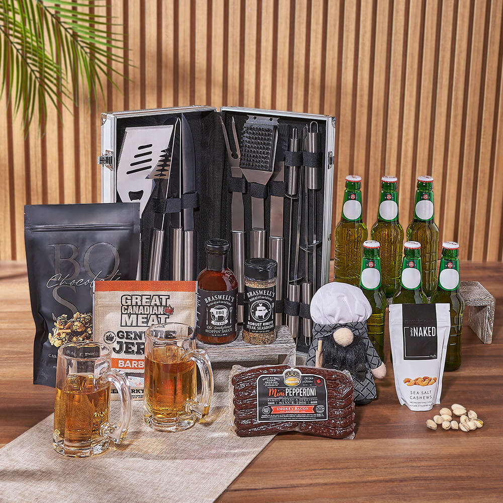 Ultimate BBQ Gift Basket with Beer, Jerky, and Stainless Steel Grill Set – how the gift is presented