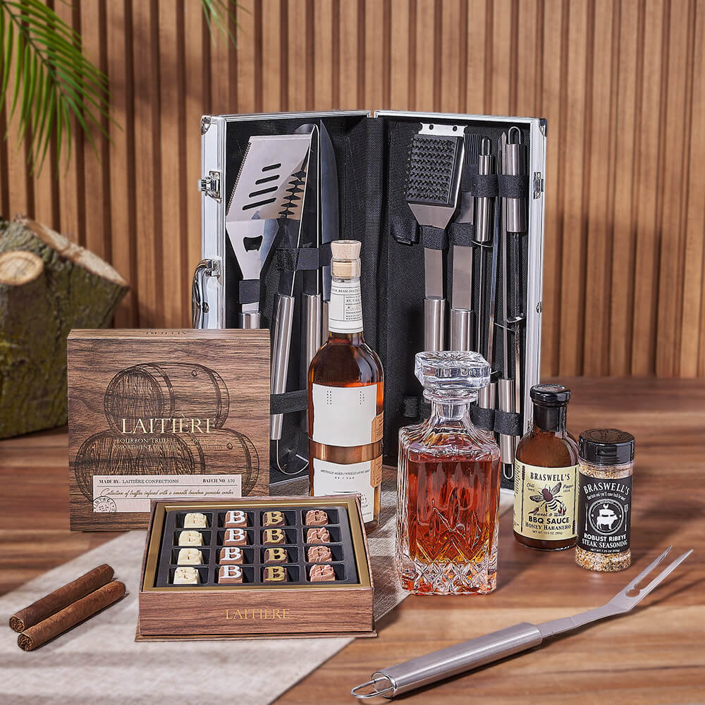 Liquor Gift Basket with BBQ Rubs, Chocolate Truffles, and Grill Tools – how the gift is presented