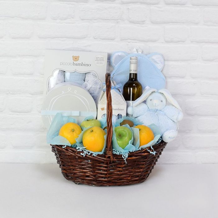Brown Wicker Basket with Wine and Seasonal Fruit Gift – how the gift is presented