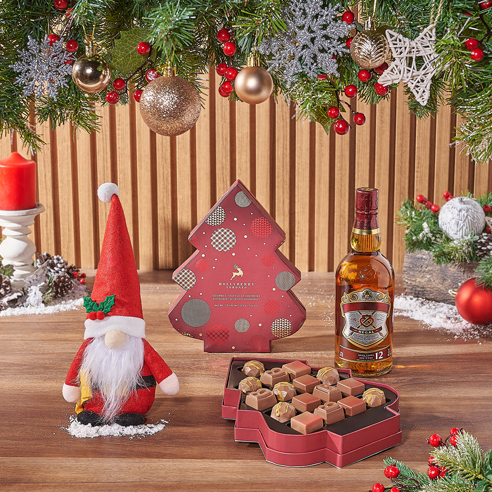 Holiday Season Whiskey Gift Set with Plush Mr. Claus and Gourmet Truffles – how the gift is presented