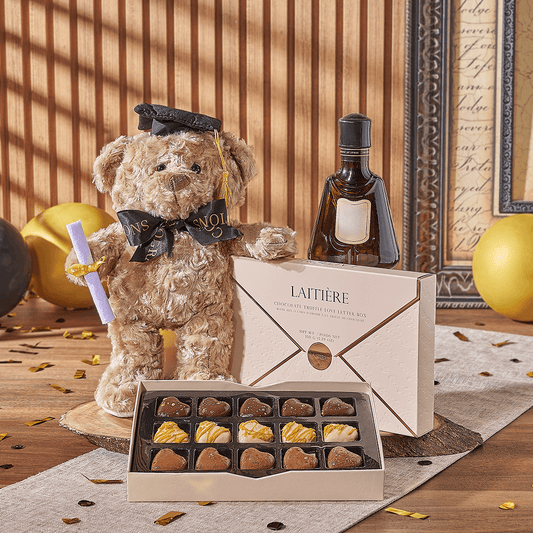 Spirits & Graduate Bear Gift, liquor gift, liquor, chocolate gift, chocolate, plush gift, plush, graduation gift, graduation, Boston delivery