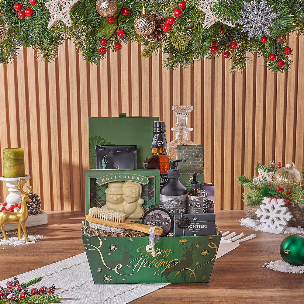 Holiday Spirits Gift Tray with Gourmet Chocolates and Spa Essentials – how the gift is presented