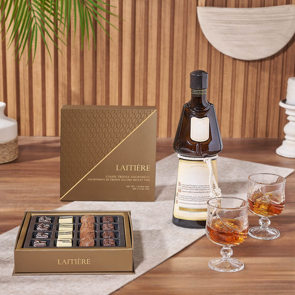 Vodka Gift Set Featuring Laitière Chocolate Coffee Truffles and Snifter Glasses – how the gift is presented