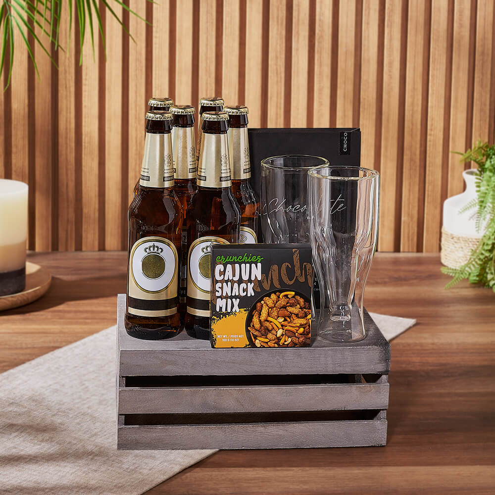 Craft Beer Crate with Boss Dark Chocolate and Cajun Snacks – how the gift is presented
