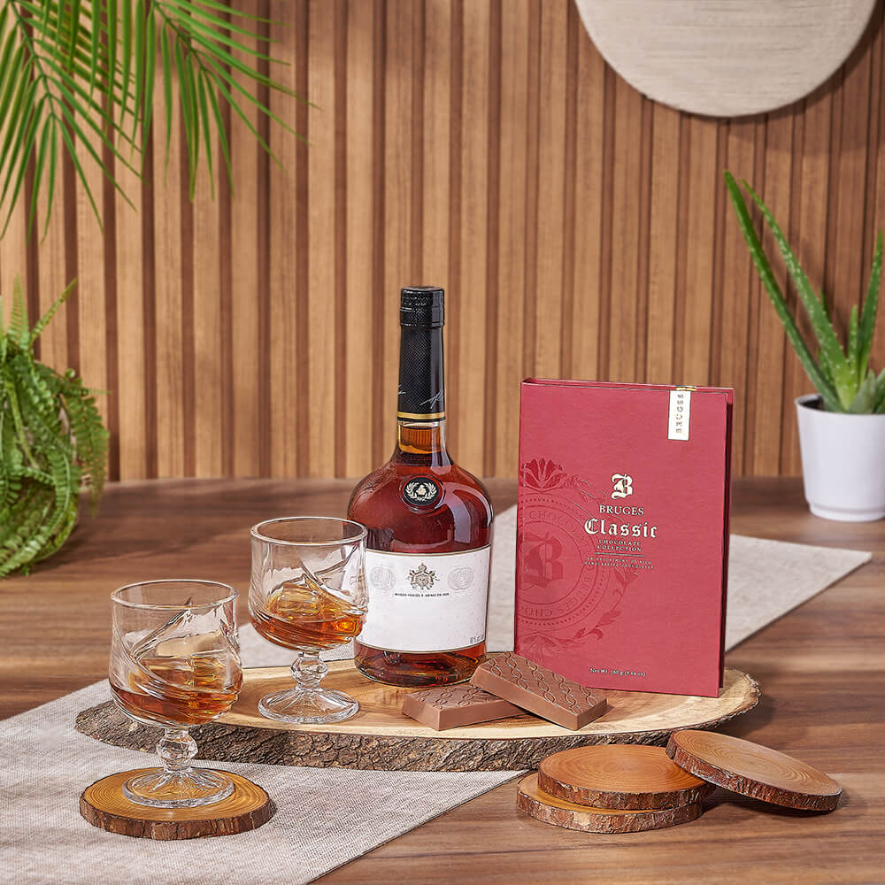 Vodka Gift Basket with Milk Chocolate Bars and Live Edge Accents – how the gift is presented