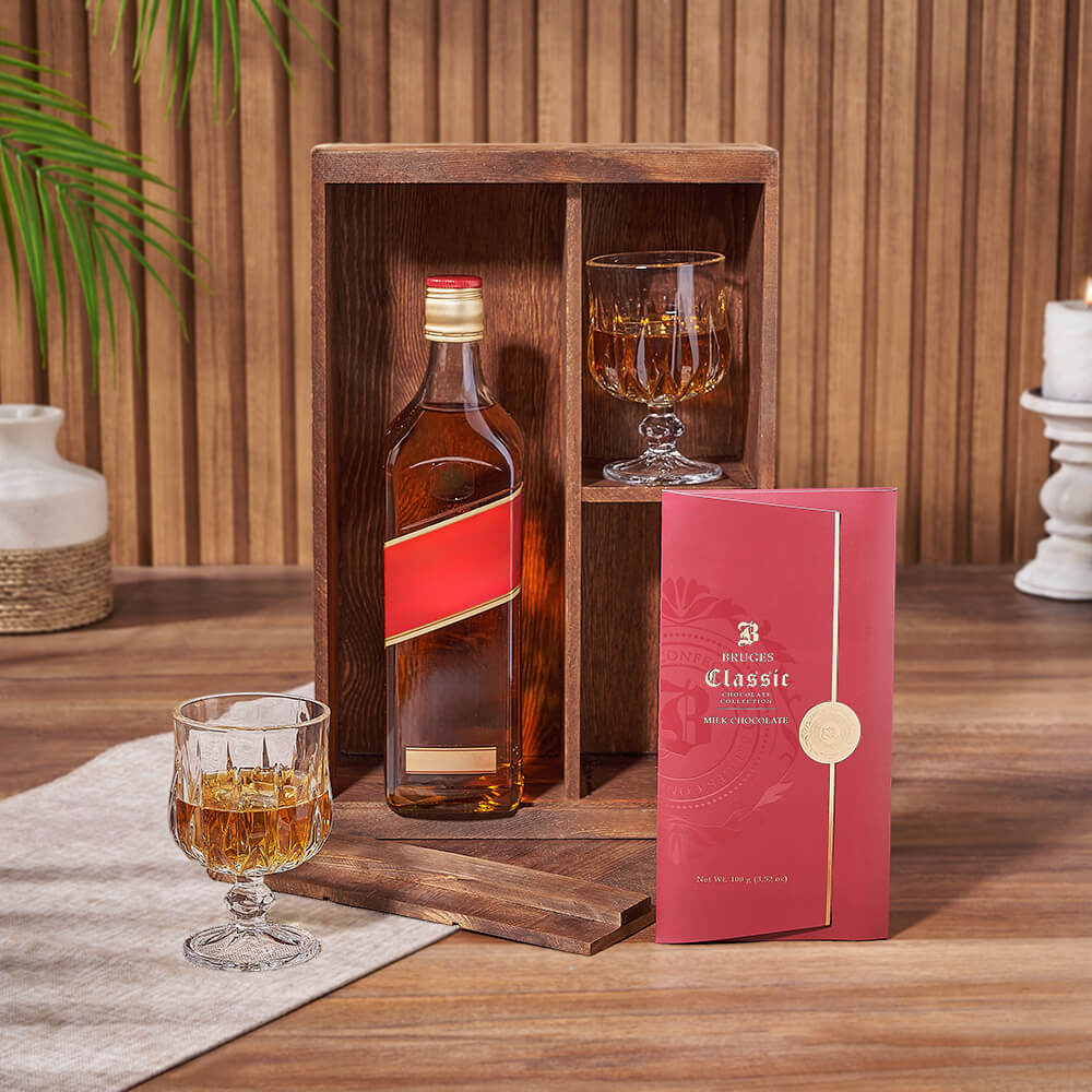 Whiskey Gift Basket Featuring Bruges Milk Chocolate and Wooden Box Presentation – how the gift is presented