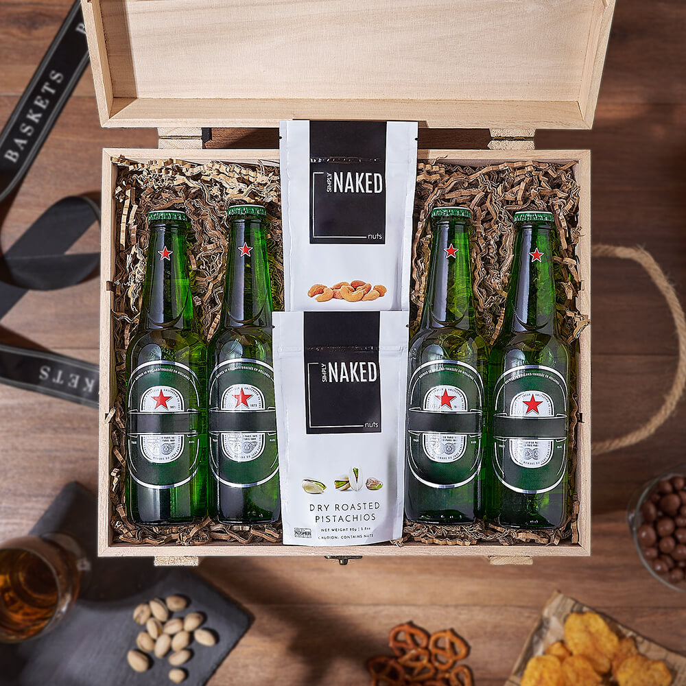 Premium Beer Gift Basket with Dry Roasted Pistachios and Sea Salt Cashews – how the gift is presented