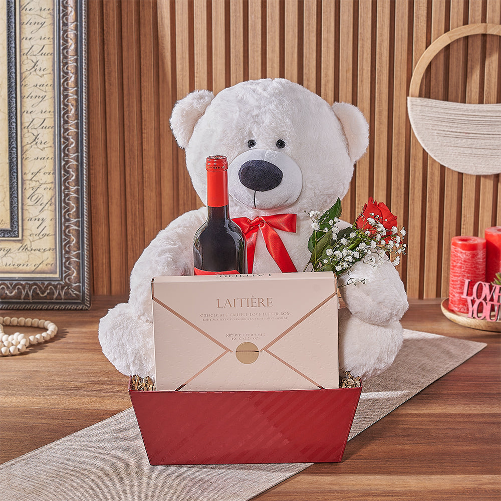 Valentine's Day Red Rose Wine Gift Basket with Chocolate Truffles and Plush Bear – how the gift is presented