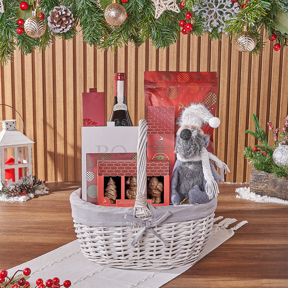 Premium Wine Gift Basket with Gourmet Holiday Sweets – how the gift is presented