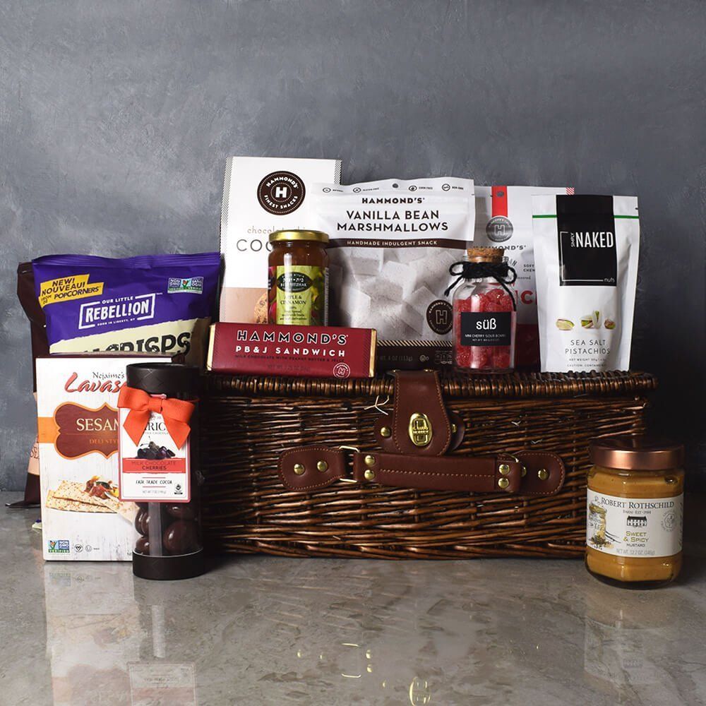Suitcase-Style Wicker Gift Basket with Sweet Chocolates and Snacks – how the gift is presented