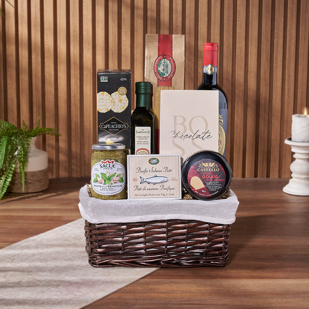Gourmet Pasta and Cheese Wine Gift Basket in White Split Willow – how the gift is presented