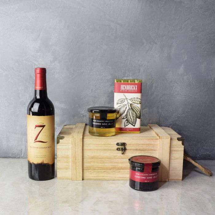 Refined Wine Gift Basket Featuring Belgian Chocolate and Wine Jellies – how the gift is presented
