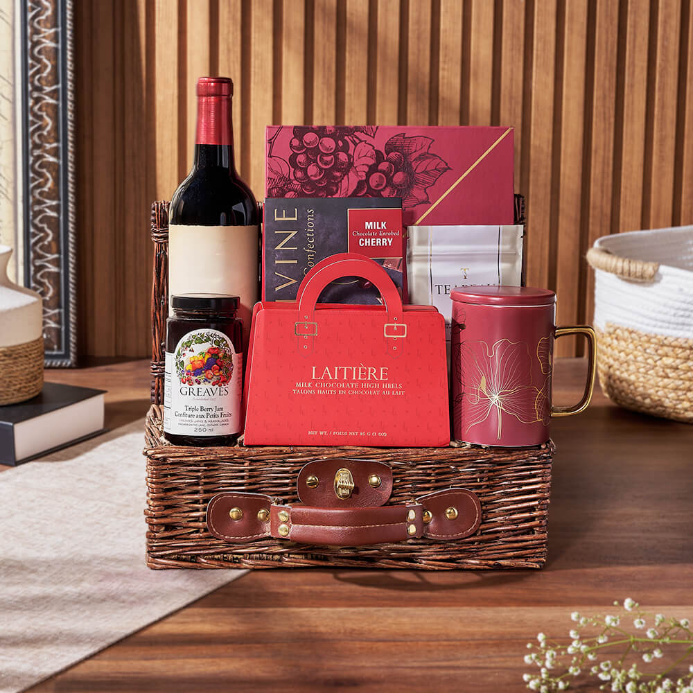 Prestige Wine Gift Basket with Truffles, Chai Tea, and Chocolate Delights – how the gift is presented