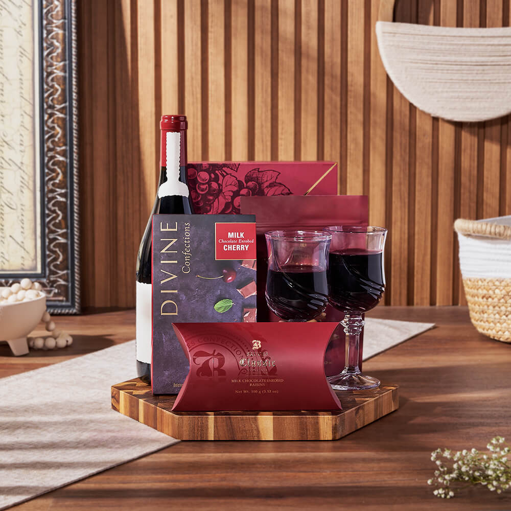 Premium Wine Gift Basket Featuring Milk Chocolate and Acacia Cutting Board – how the gift is presented