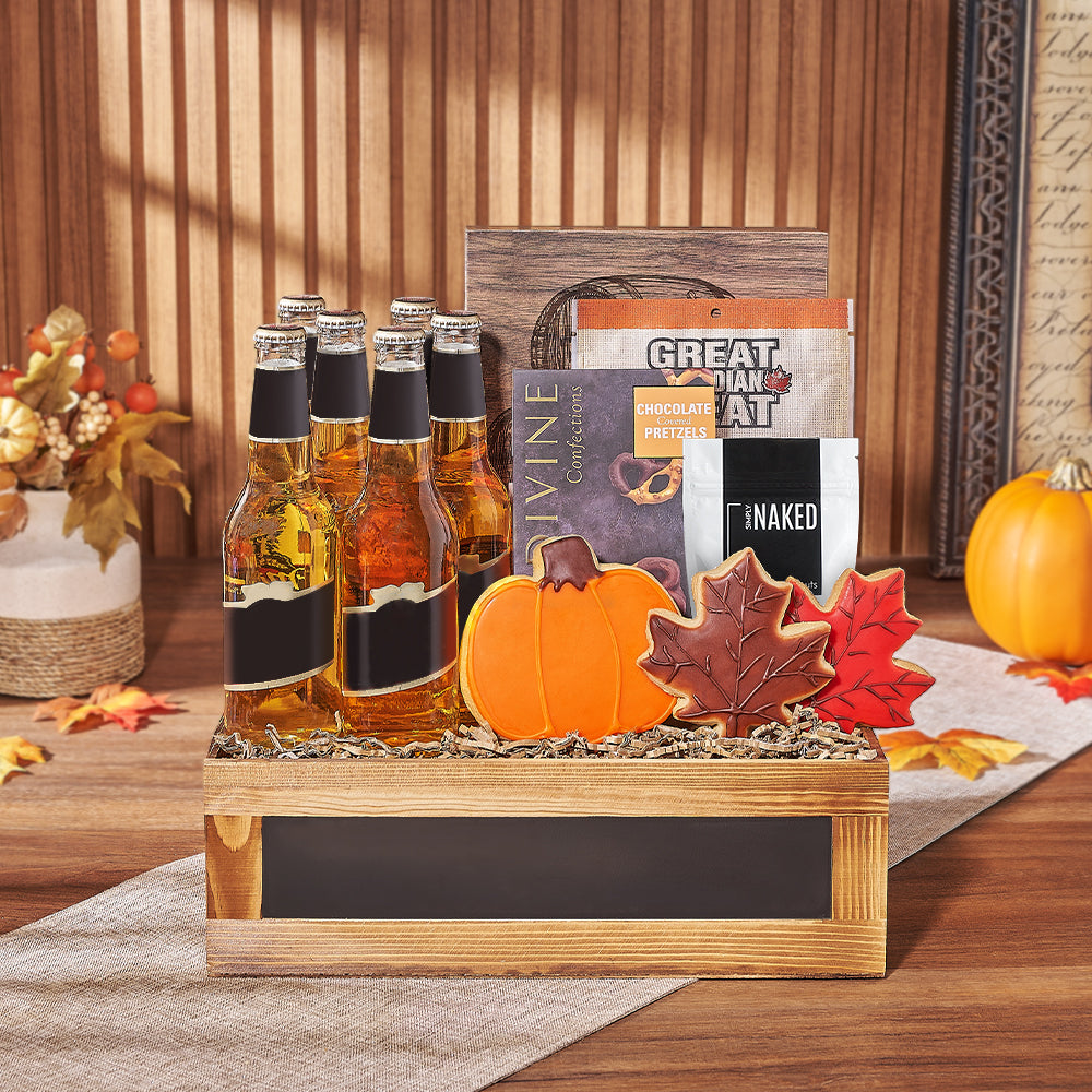 Thanksgiving Beer and Snack Picnic Basket – how the gift is presented