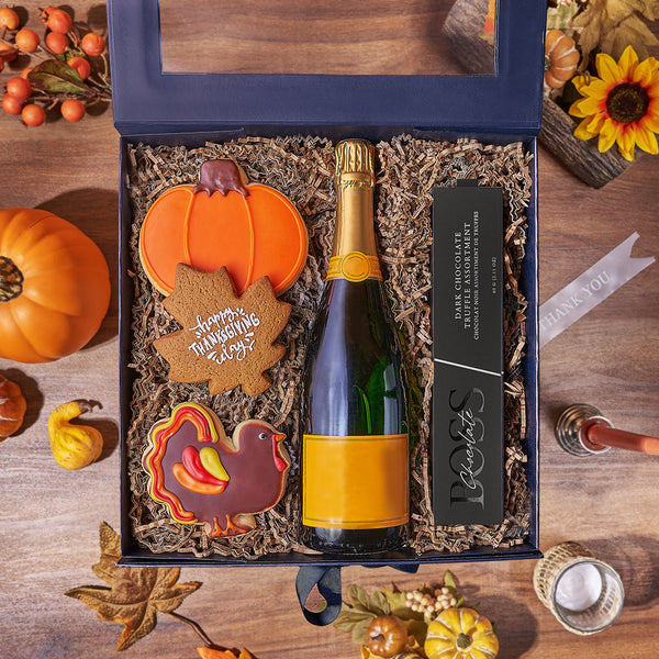 Sparkling Wine Box for Thanksgiving – gift basket with bottle of sparkling wine, boss milk truffle assortment - 6pcs narrow and happy thanksgiving