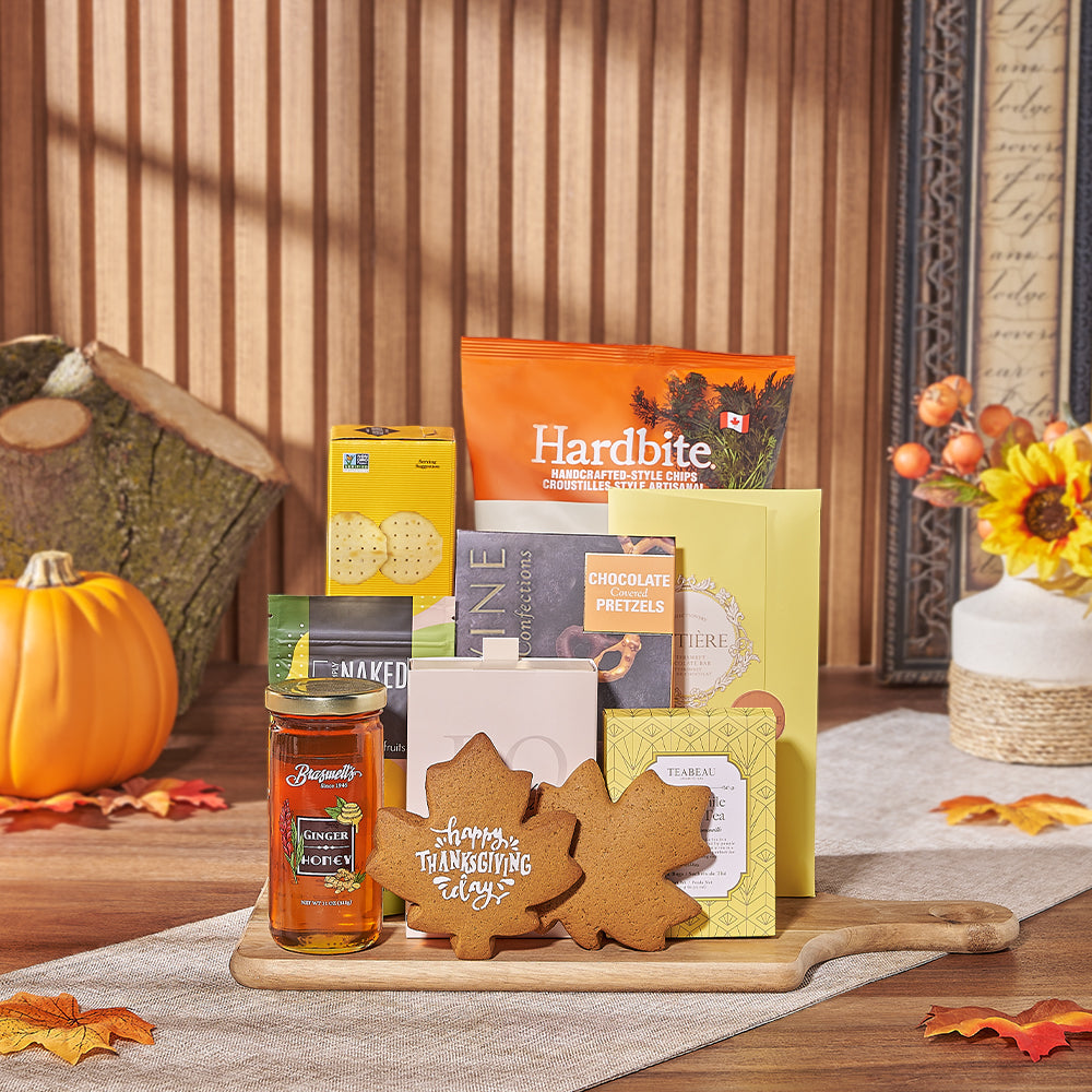 Thanksgiving Celebration Gift Set with Chamomile Tea and Gourmet Snacks – how the gift is presented